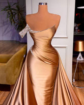Light Brown Strapless Sheath Crystal Ruffles Prom Dress